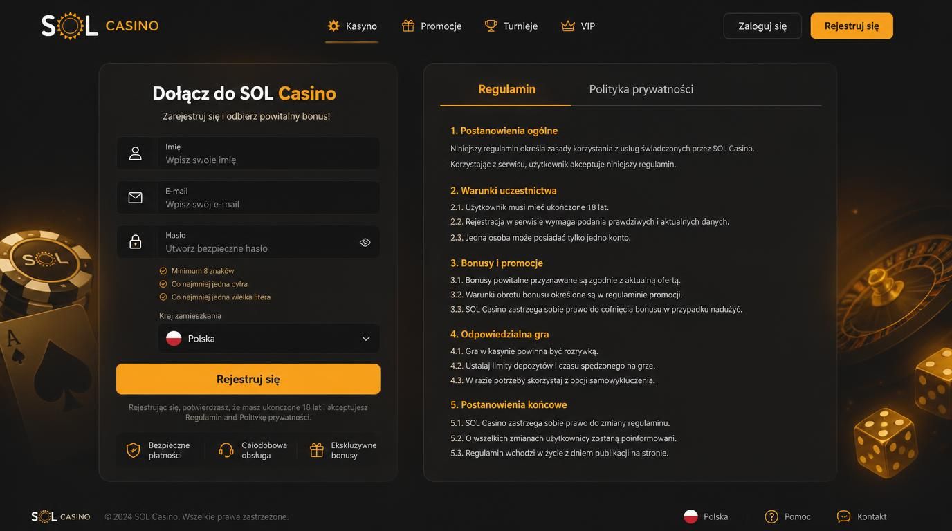 formularz rejestracji SOL Casino z polskimi polami i regulaminem