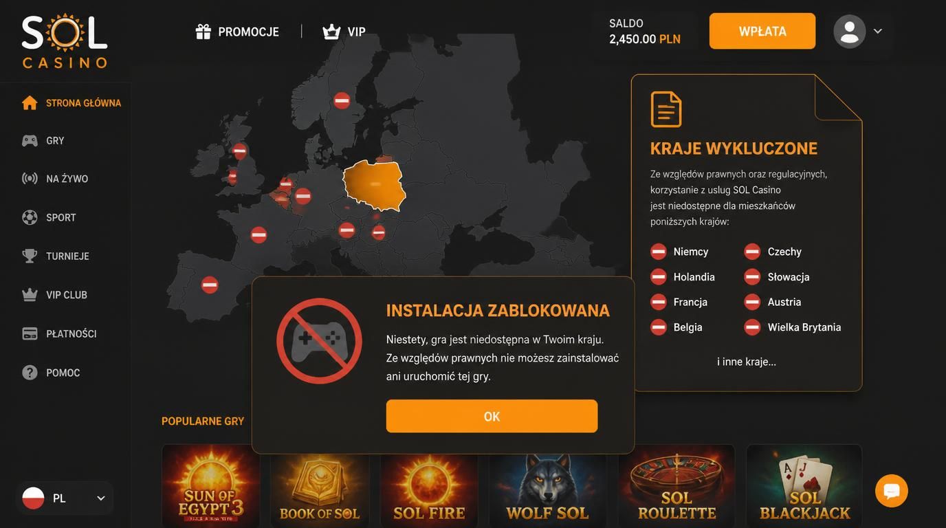 mapa krajów wykluczonych w SOL Casino z regulaminem i Polską