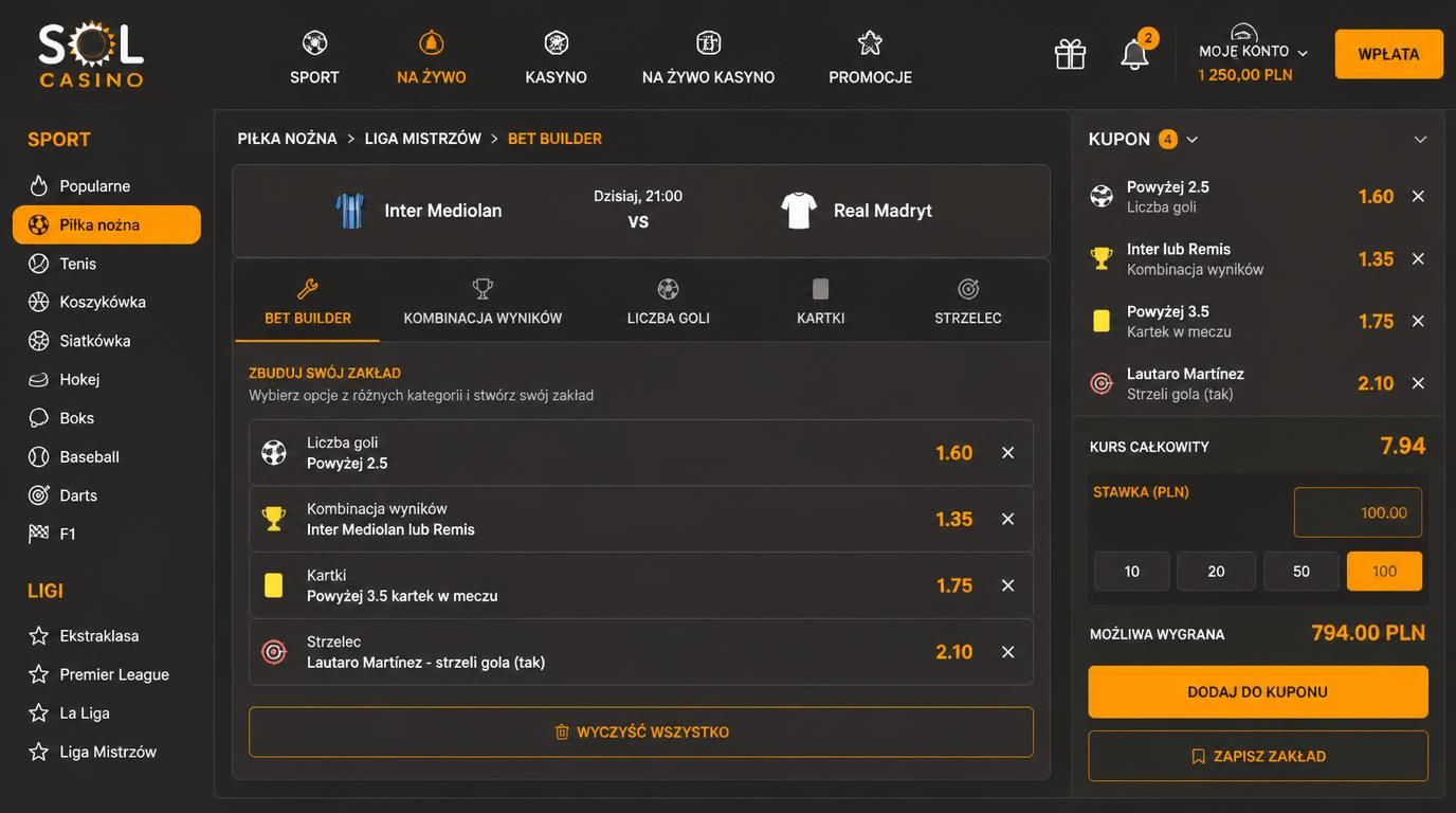  interfejs z Bet Builderem w SOL Casino pokazujący kombinację zakładów i kursy