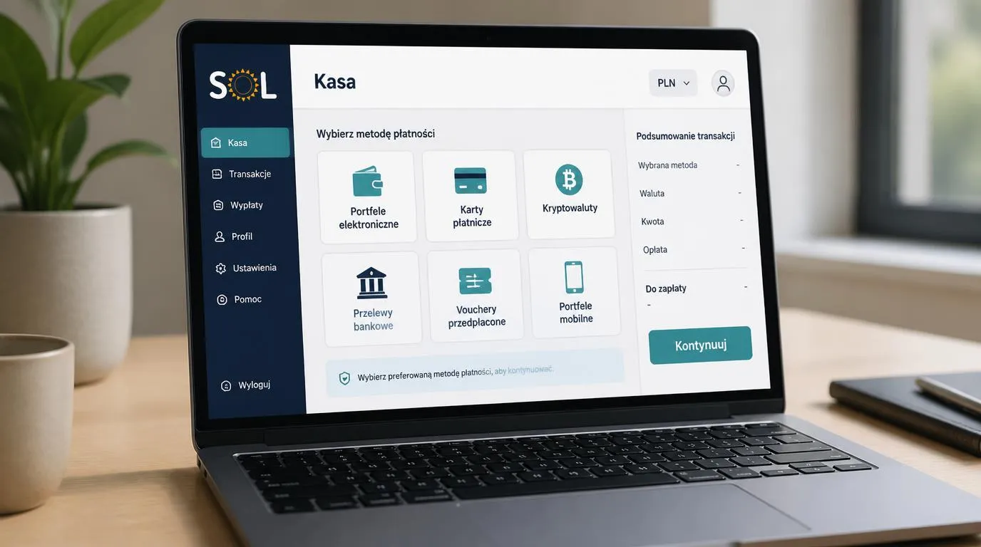 Panel kasowy z grupami metod płatności, wyborem PLN i podsumowaniem warunków transakcji