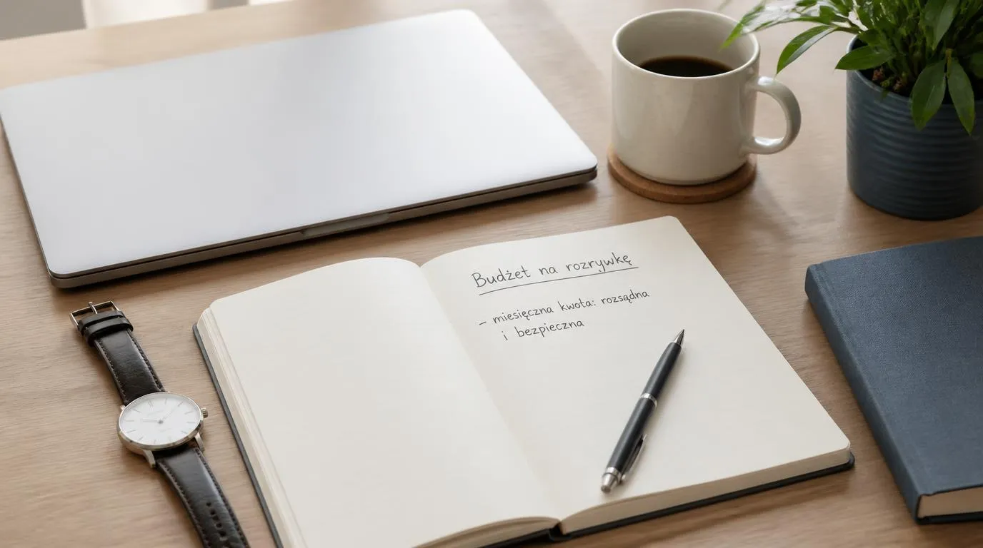 Notes z budżetem na rozrywkę i zegarek obok zamkniętego laptopa na jasnym biurku